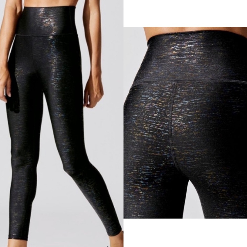 Carbon38 Luxe Metallic Striped High Rise 7/8 Length Legging In Black Size XS